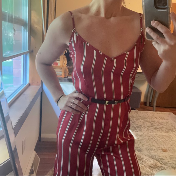 Red Silk Stripped Jumpsuit Romper - Picture 2 of 4